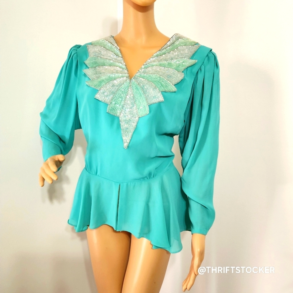 Elegant Teal Vintage Blouse with Silver Accents - Picture 2 of 8